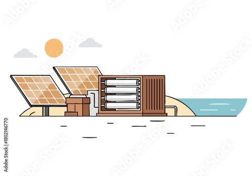 Eco Desal Tech showcases a solar-powered desalination unit by the sea. Modern design, sustainable energy, and coastal setting. Ideal for environmental and technology visuals.