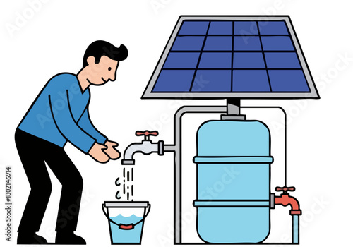 A man inspects water from a solar-powered water system. Clean lines, bright colors, and a simple composition create a modern, informative illustration.