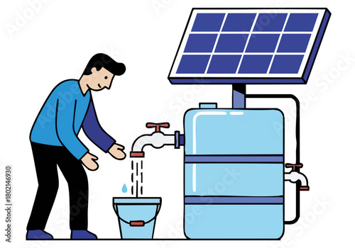 A man inspects water from a solar-powered water tank, collecting it in a bucket. Clean, modern illustration with a bright, optimistic feel.