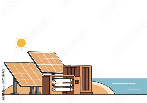 A modern illustration depicts a solar energy system ? panels and storage ? integrated with a coastal setting. It showcases sustainable technology and a bright, eco-friendly future.