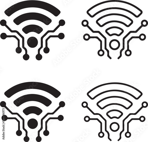 Isolated Wifi Circuit Icons black vector set, wifi signal icons, network tech symbols, minimal outline filled thin stroke, digital circuit connections, smart chip design vector