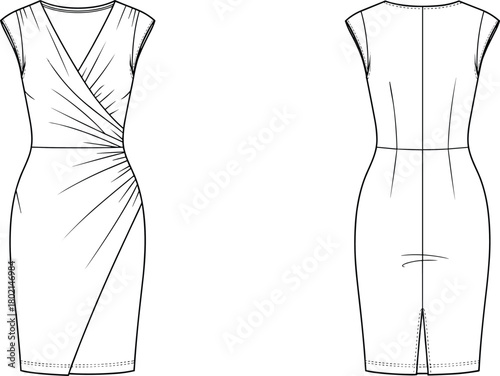 Elegant sleeveless wrap dress fashion flat sketch, modern knee length sheath dress design with draped front, technical drawing, apparel template illustration