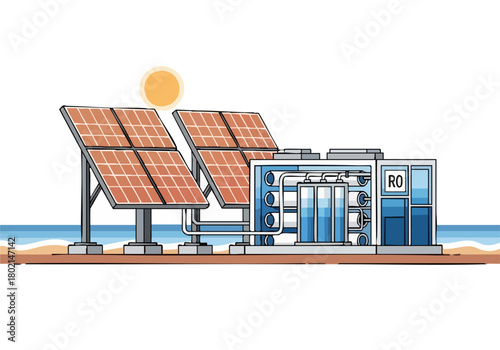 Solar-powered desalination system generates clean water Modern design integrates solar panels with water purification unit showcasing sustainable technology near the coast