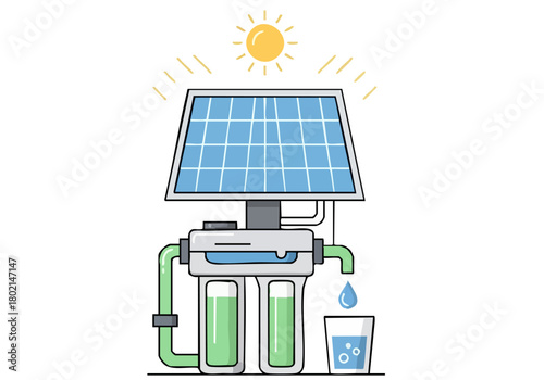 Solar-powered desalination system purifies water. Clean, bright illustration showcases sustainable water solutions. ?Sea to Pure? concept.
