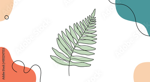Minimalist line art of a green fern leaf with abstract shapes and curves on a white background.