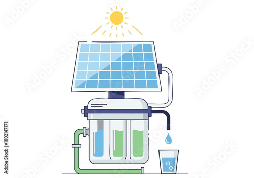 Solar-powered seawater filtration system delivers pure water. Clean, modern illustration showcasing sustainable technology and a refreshing outcome. Bright, optimistic design.