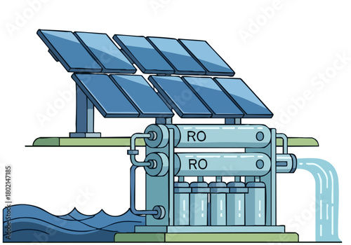 A solar-powered seawater desalination system efficiently converts ocean water into freshwater.  Modern design, showcasing a 'Sea to Flow' process. Clean, bright illustration.