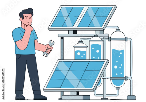 A technician examines a solar panel system with a water filtration unit. Clean, modern illustration. Focus on troubleshooting and maintenance.