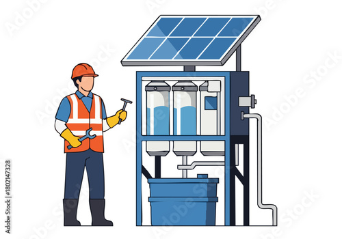 A technician inspects a solar water purification system outdoors. The illustration showcases a professional working with modern technology, ideal for renewable energy concepts.
