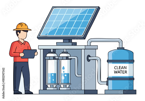 A technician monitors a solar-powered water purification system, ensuring clean water. Modern, clean design with a focus on sustainability and technology.
