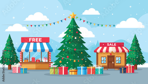 Christmas Market Scene with Tree, Stalls, and Gifts Illustration.