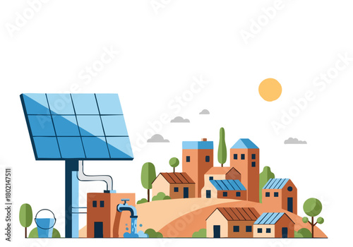 vibrant illustration depicts an eco-village powered by solar energy showcasing sustainable living and a bright modern community Clean lines and a sunny aesthetic create a positive and hopeful scene