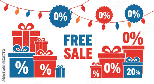 Festive Free Sale Promotion with Gift Boxes and Percentage Discounts.