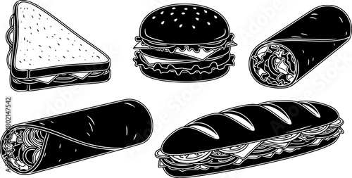 vector illustration of a sandwich, hamburger, wrap, and sub sandwich, vector art 
