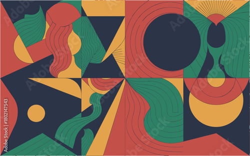 Abstract geometric shapes and organic lines compose a vibrant, colorful, and harmonious modern artistic collage with natural elements