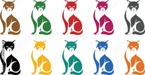 Seated cat silhouettes in multiple colors feline animal, Colorful seated cat artwork