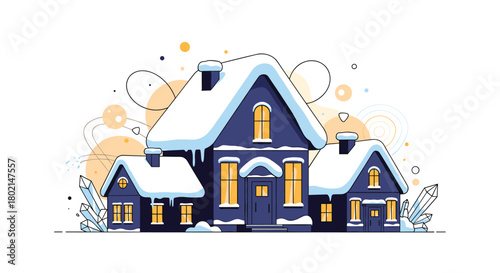 Cozy winter scene featuring snow-covered houses with warm glowing windows and crystalline decorations.