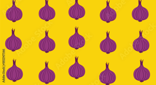 Seamless pattern of purple onions on a bright yellow background, perfect for food and culinary themes.