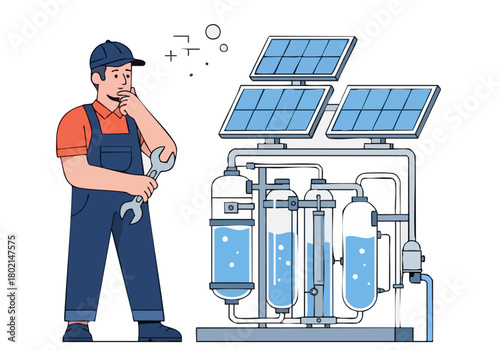 A technician troubleshoots a solar panel system, focusing on maintenance and clean energy. Clean lines and a modern illustration style.
