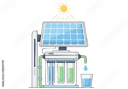 vibrant illustration showcases solar-powered seawater desalination producing pure water Clean modern design emphasizes sustainability and a 'Sea to Pure' concept Bright optimistic imagery