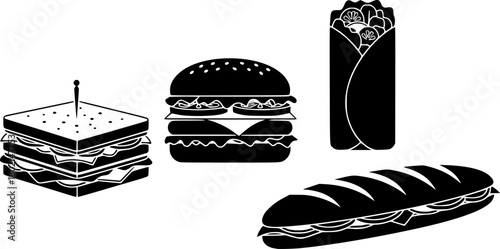 vector illustration of a sandwich, hamburger, wrap, and sub sandwich, vector art 