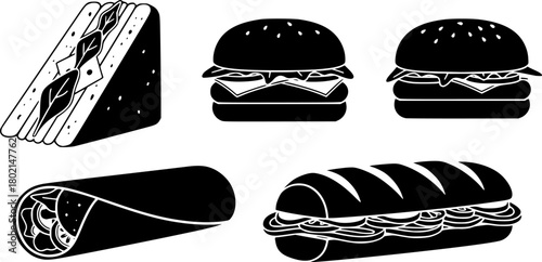 vector illustration of a sandwich, hamburger, wrap, and sub sandwich, vector art 