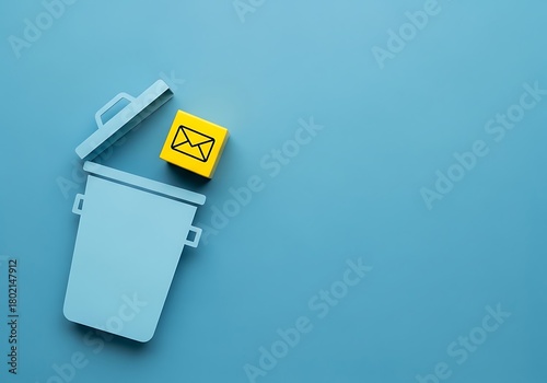 A small trash can with an open lid, containing a yellow cube with an email icon, on a blue background