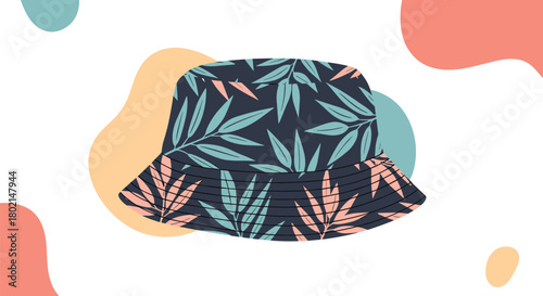 Flat illustration of a bucket hat with a leaf pattern on a white background with abstract shapes.