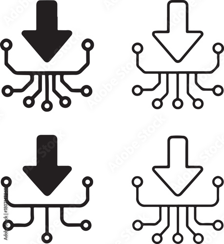 Isolated Download Circuit Icons black vector set, cloud download icons, data transfer tech symbols, minimal outline filled thin stroke, digital circuit connections, smart chip design vector