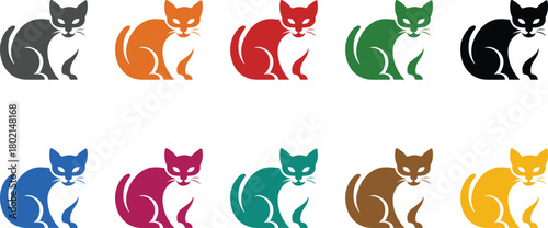 Front facing cat silhouettes with whiskers in colors, Colorful cat face icons for design