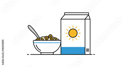 Bowl of cereal with a spoon and a carton of milk with a sun icon.