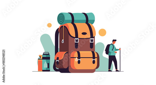 Flat illustration of a hiker with a backpack and gear for outdoor adventures.