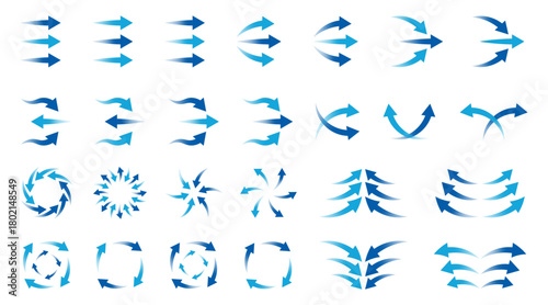 Dynamic arrow shapes with smooth gradients and flowing movement. Each symbol shows direction changes, rotations or circular motion patterns