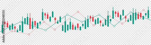 Financial candlestick chart showing market movement with rising and falling price patterns. Alternating colors illustrate dynamic trends and trading activity
