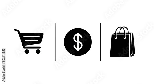 Black and white shopping icons: cart, dollar, and bag symbols