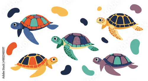 Colorful cartoon sea turtles swimming in a white background with abstract shapes.