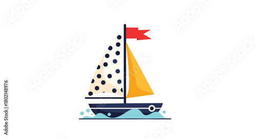 Simple cartoon illustration of a sailboat with polka dot sails and a red flag, floating on blue waves.