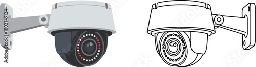 Illustration of two security cameras side and front views white and black