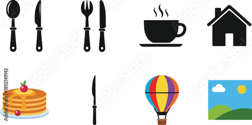 A collection of simple black and colorful icons depicting various objects