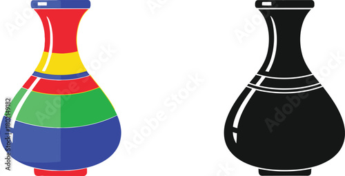 Colorful vase illustration alongside its black and white silhouette depiction