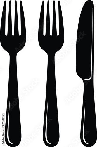 Simple black and white illustration of two forks and a knife