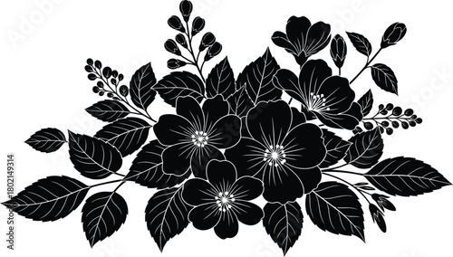 Elegant floral arrangement a black and white botanical illustration of blooms