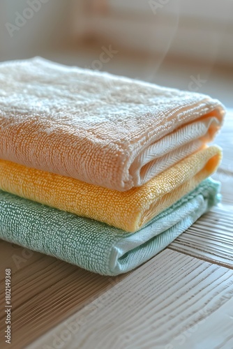 Soft towels in peach, yellow, and green colors are neatly stacked on a wooden surface. The natural light highlights the textures, creating a fresh and inviting atmosphere