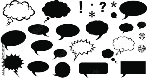 Collection of various black and white speech bubbles and thought balloons