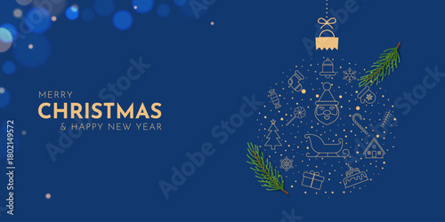 blue merry christmas background decoration bauble filled with golden christmas elements