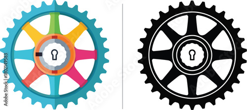 Colorful and monochrome sprocket designs illustrating mechanics and engineering concepts