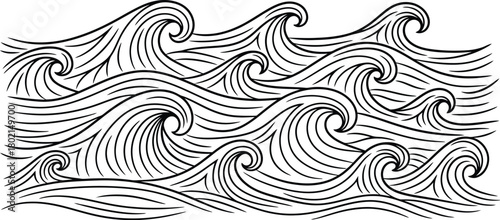 Stylized hand drawn waves in black and white a repeating ocean pattern