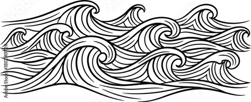 Black and white illustration depicting swirling stylized ocean waves in a graphic design
