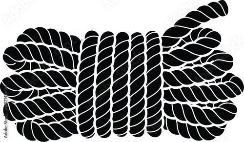 A tightly coiled black rope displaying intricate twists and a knotted form
