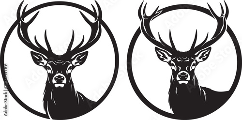 Two majestic deer head silhouettes in oval frames silhouette